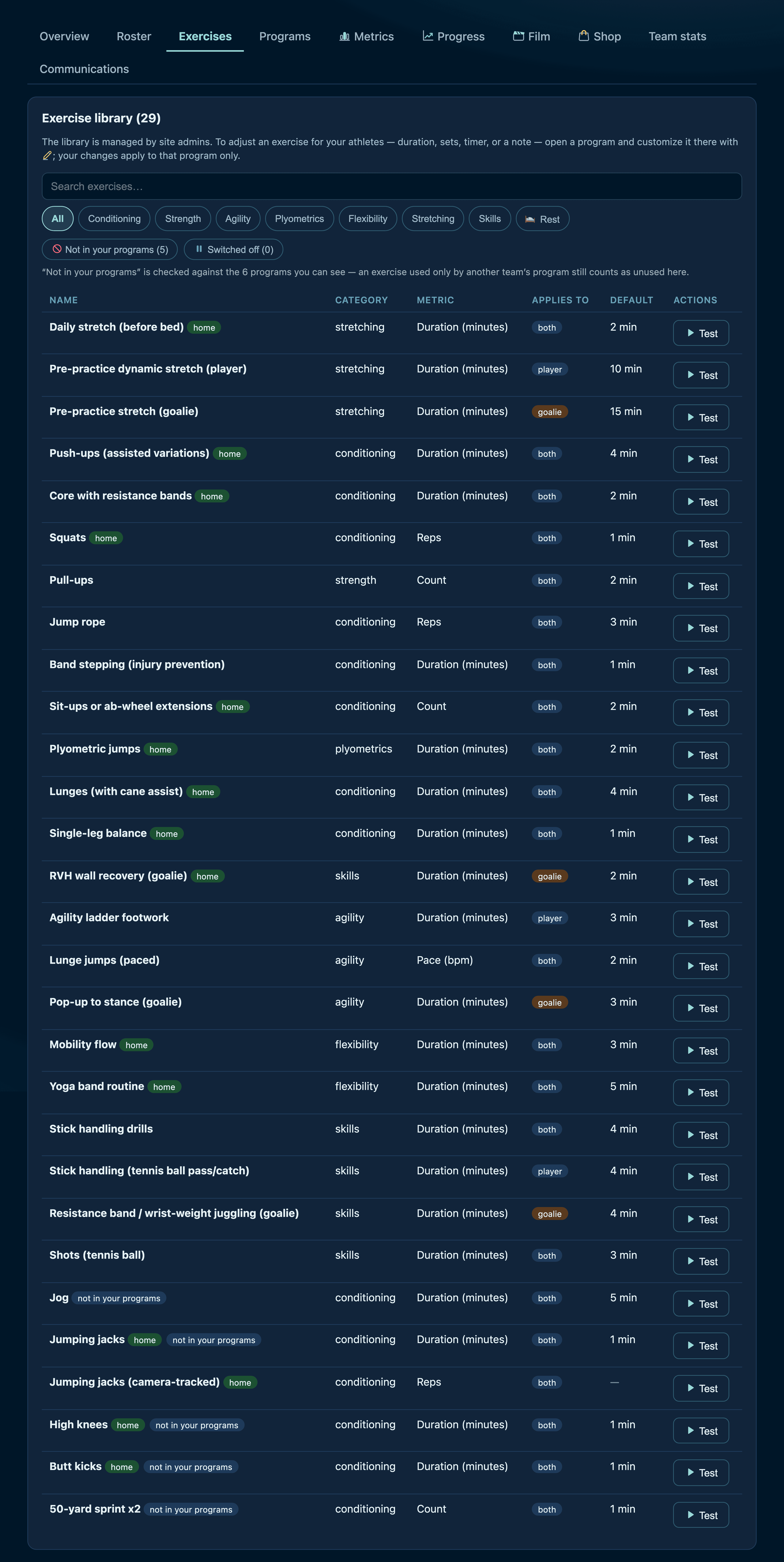 The exercise library with categories, equipment and camera-tracking settings