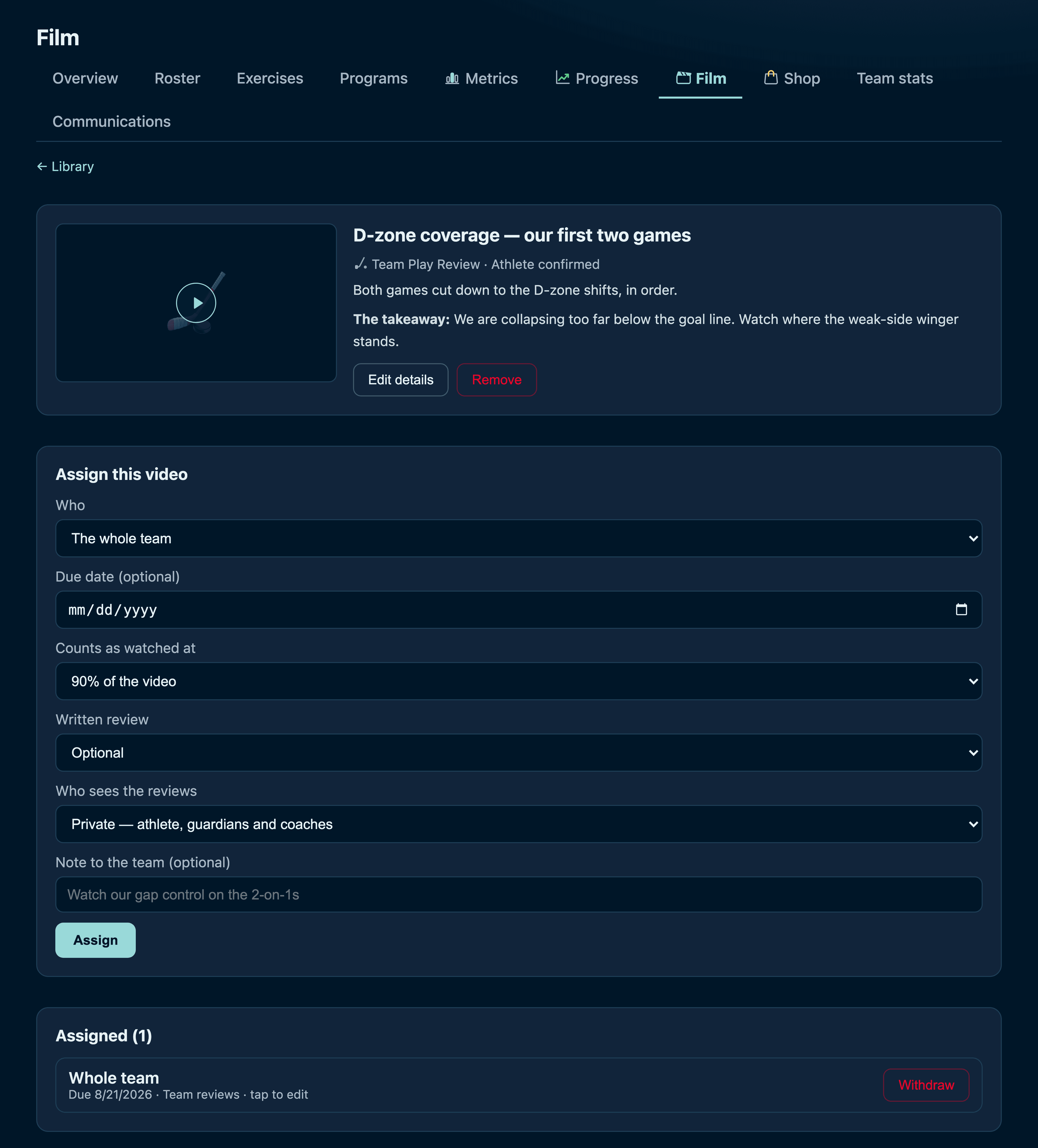 The assign form, showing the who, the review mode, and the who-sees-the-reviews control