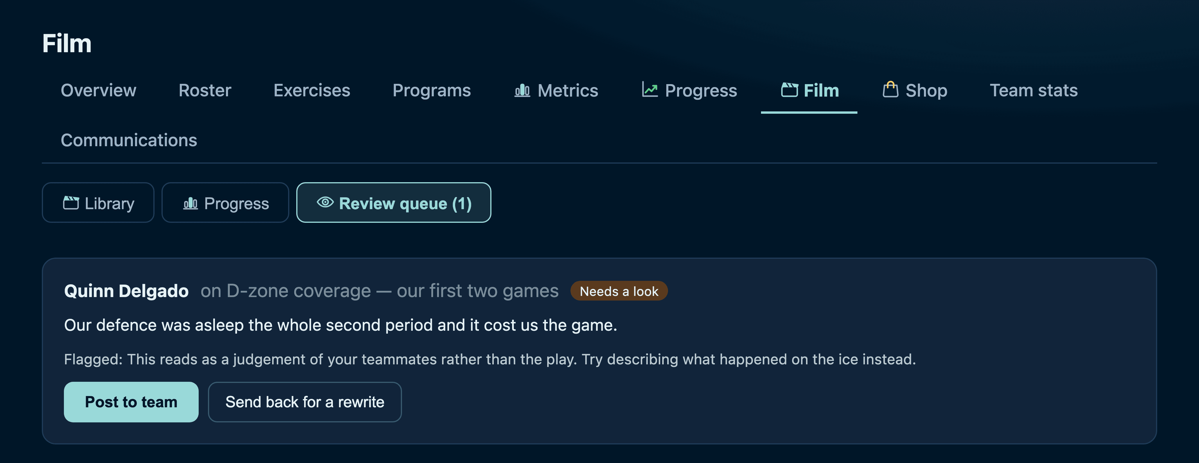 The coach review queue holding one borderline review with the reason and two actions