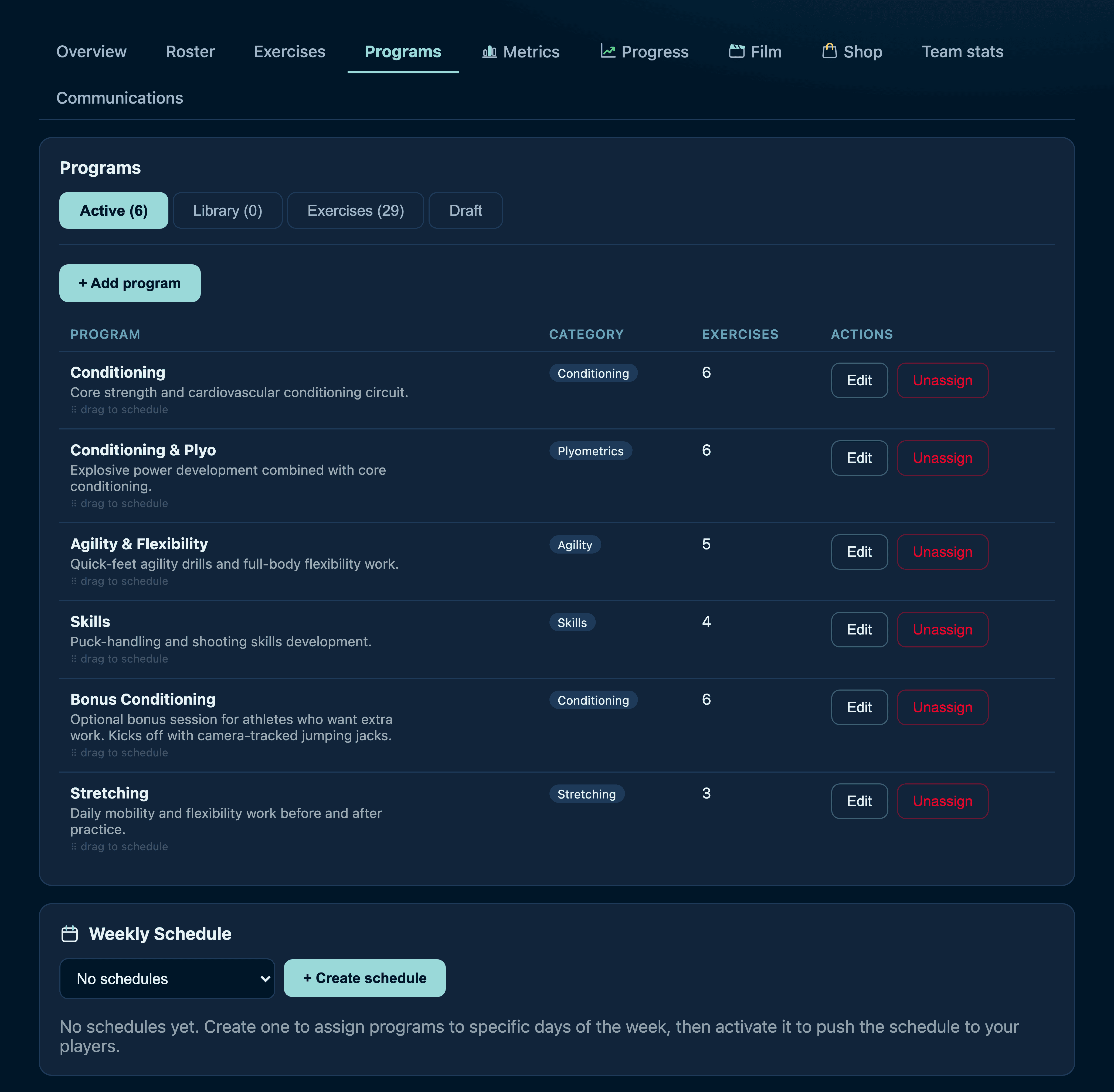 The programs tab showing six built programs and their exercise counts