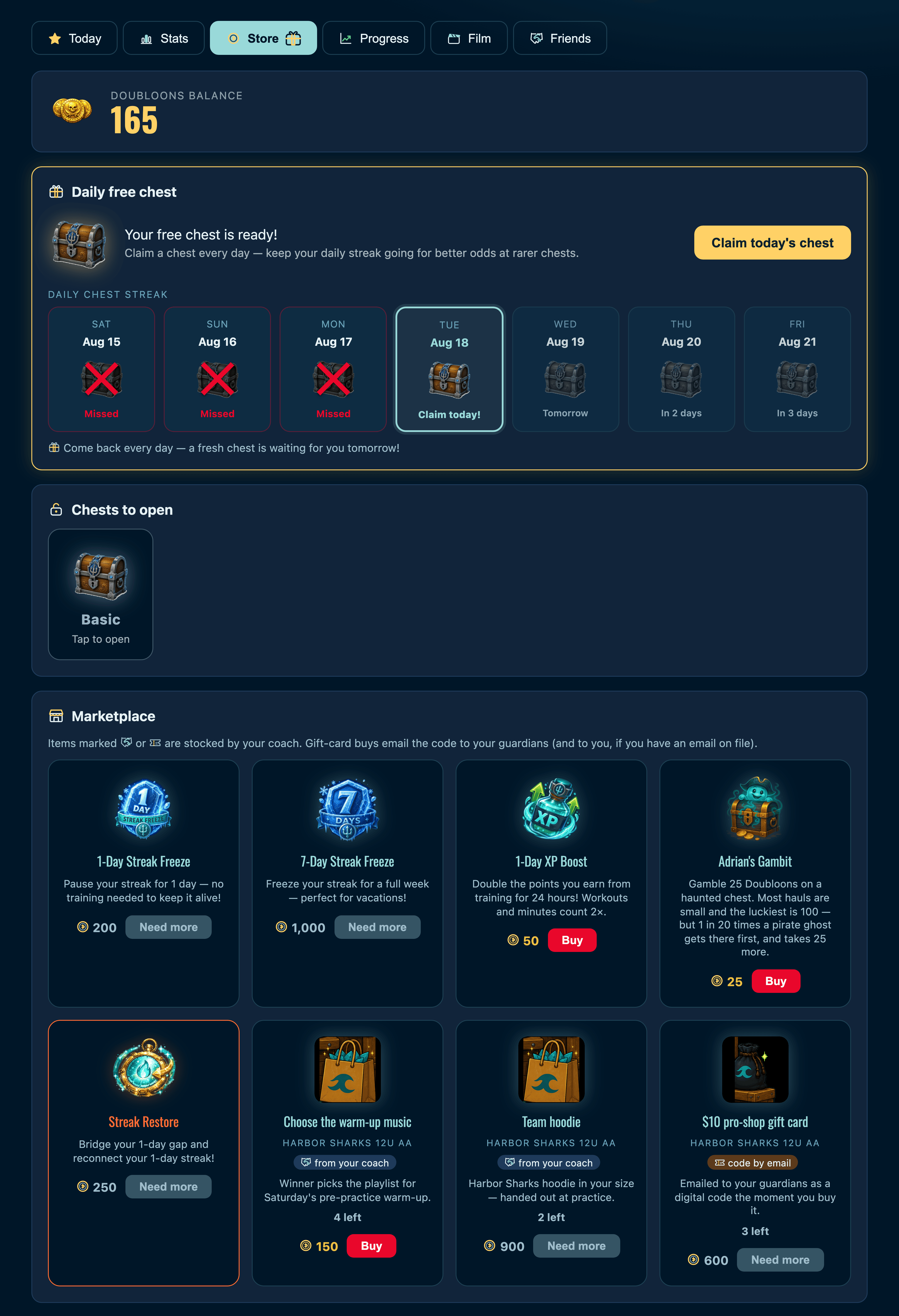 The player's store with a Doubloons balance, chests and the marketplace