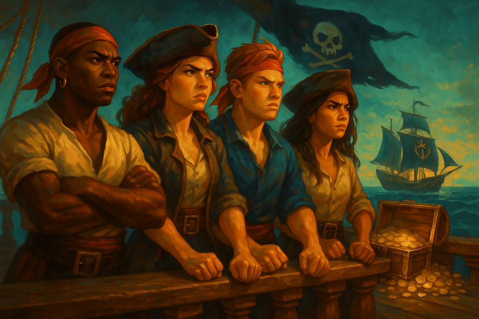The Pirates crew aboard their ship