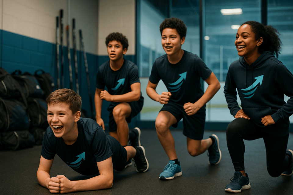 Four teammates doing dryland training together, laughing