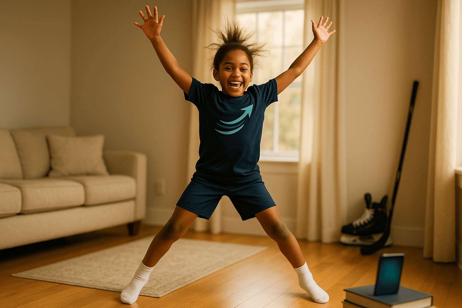 A young hockey player mid jumping-jack in her living room, a phone propped on books in front of her