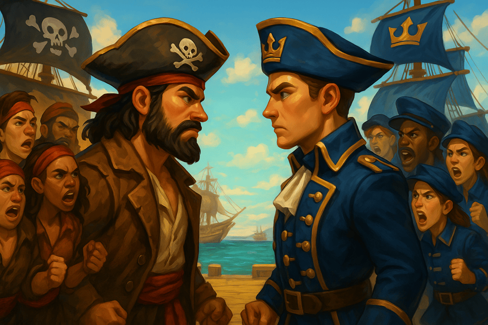 A pirate crew and a Royal Navy crew squared up against each other on a sunlit harbour dock