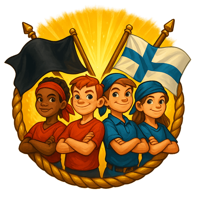 A pirate flag and a navy crown-and-anchor flag crossed behind a gold rope ring